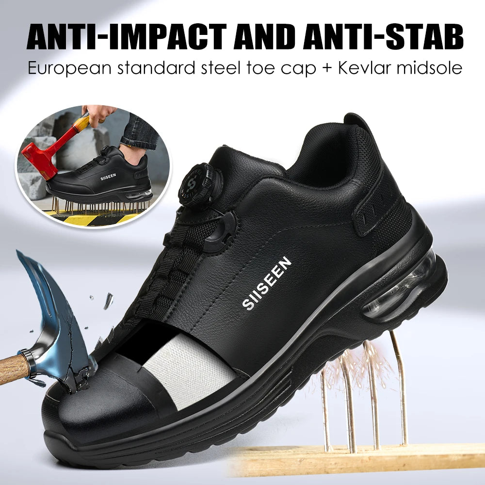 New Waterproof Safety Shoes Men Boots Rotating Button W0ork Sneakers Leather Shoes Anti-Smash Anti-Puncture Security Work Boots