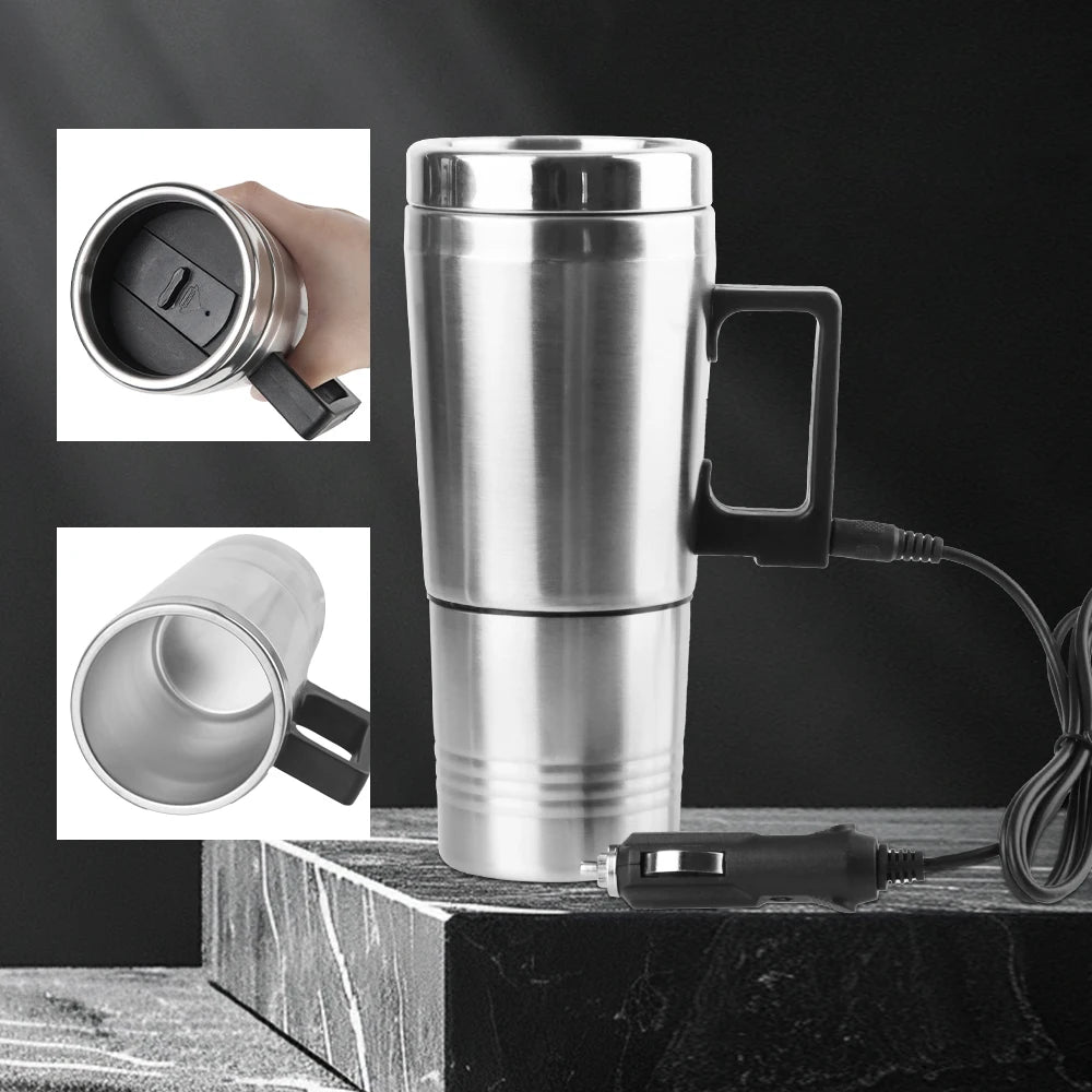 Car Electric Heating Cup Stainless Steel Camping Travel Kettle Vehicle Heating Cup Water Coffee Milk Thermal Mug 12V 450ml/300ml