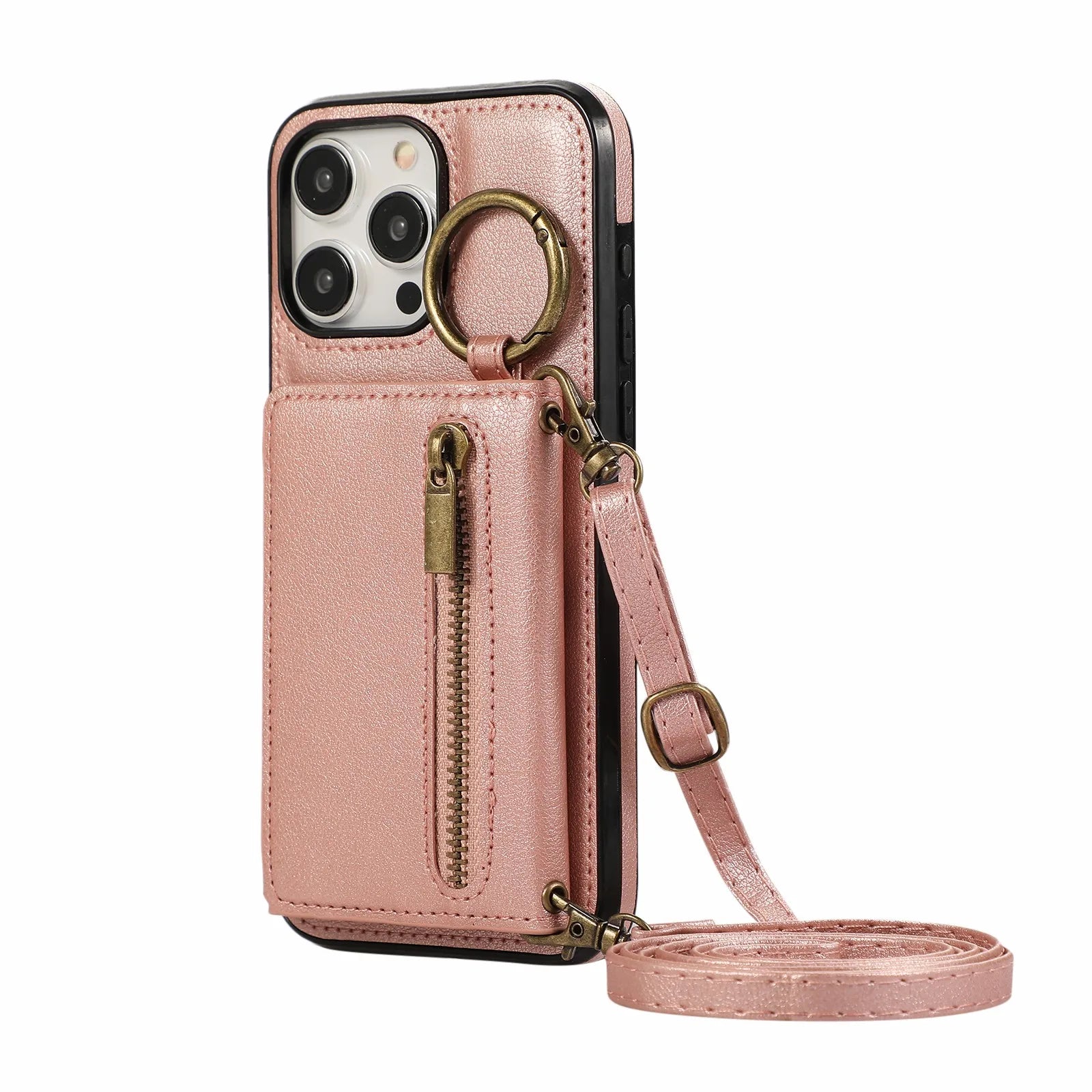 Crossbody Cards Solt Triple Wallet Leather Zipper Case For iPhone 15 16 Pro Max 14 Plus 13 12 11 XS XR SE2022 Ring Holder Cover