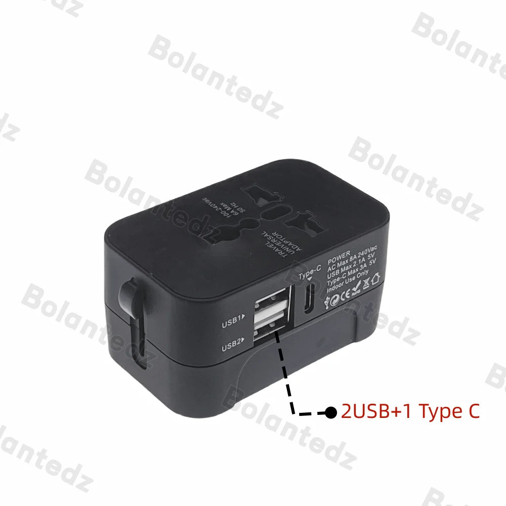 All in One Universal International Plug Adapter 2 USB Port 1 Type C World Travel AC Power Charger Adapter AU US UK EU Converter