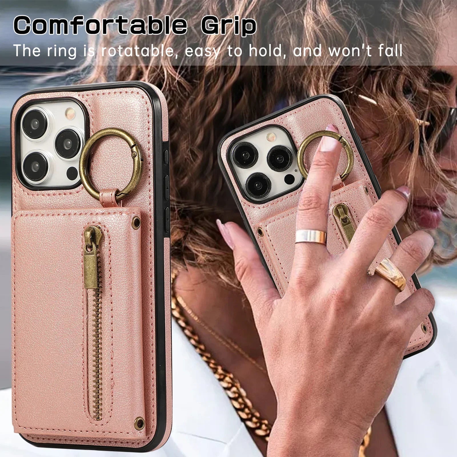 Crossbody Cards Solt Triple Wallet Leather Zipper Case For iPhone 15 16 Pro Max 14 Plus 13 12 11 XS XR SE2022 Ring Holder Cover