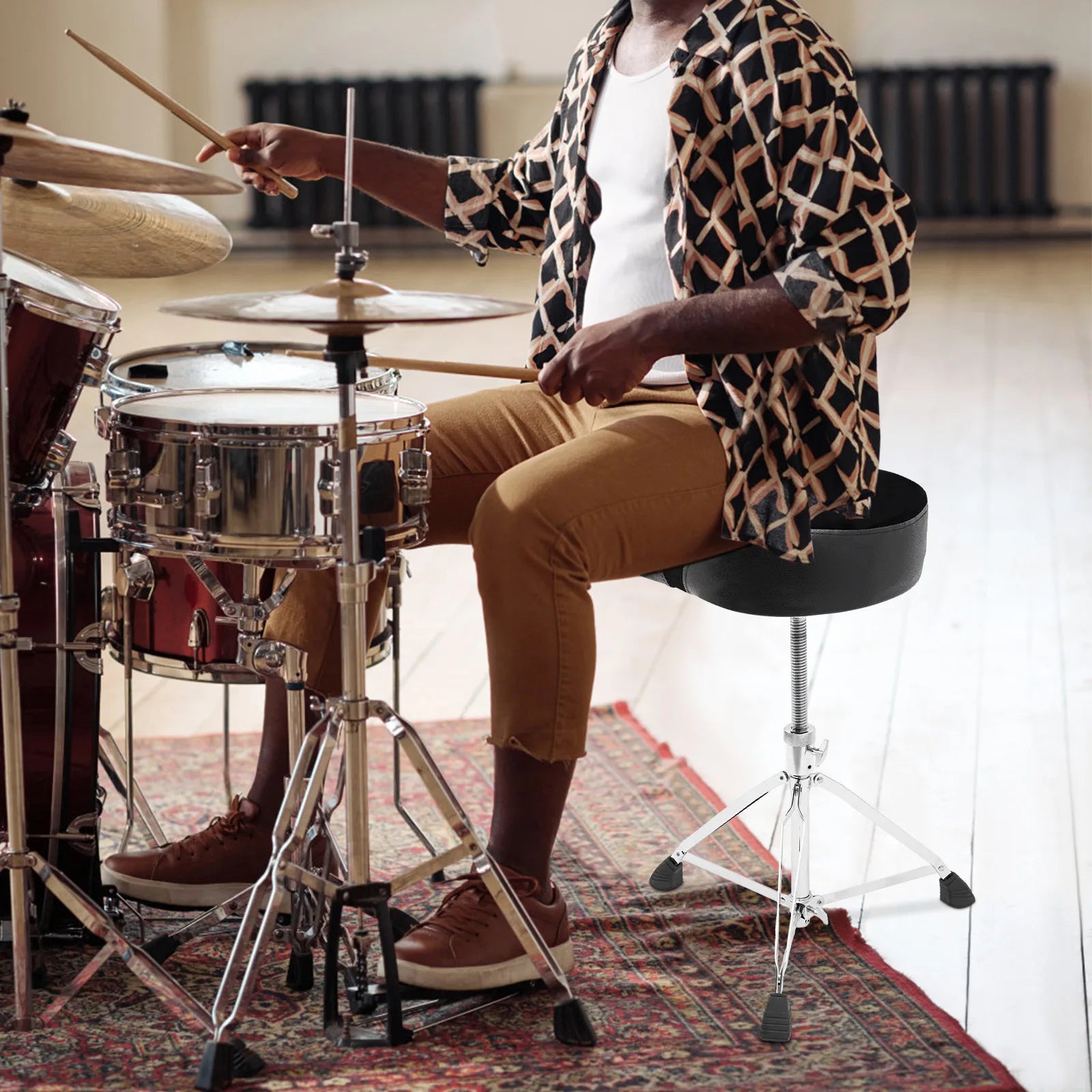 Drum Stool with Foldable Iron Frame, PU Seat, 220 lbs Capacity, Portable, Easy to Clean, Ideal for Musicians and Gigs