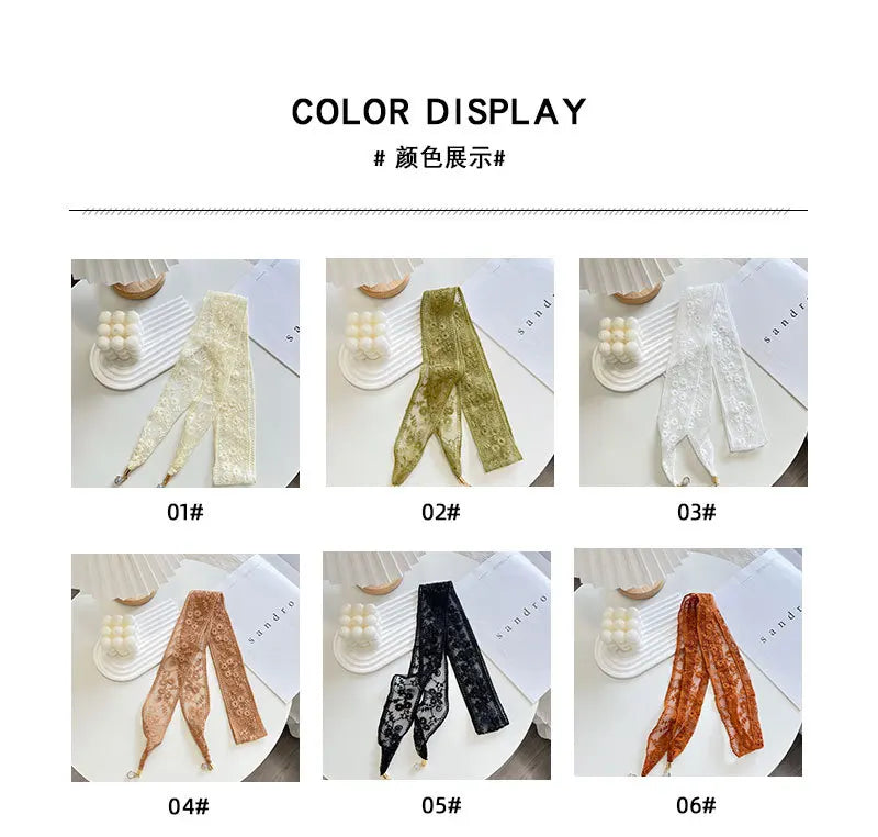 Women's Gentle Parent-Child Daisy Lace Pendant Hair Band Multi-Functional Scarf Silk Scarf Belt Long Thin Narrow Ribbon