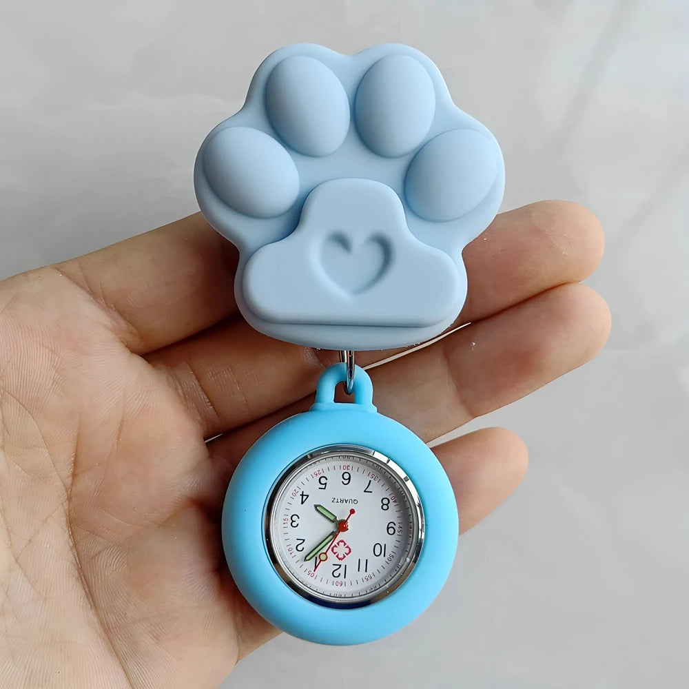 Colourful Retractable Badge Reel Nurse Doctor Lovely Cat Claw Footprints Pocket Watches medical hospital Gift Watch for women