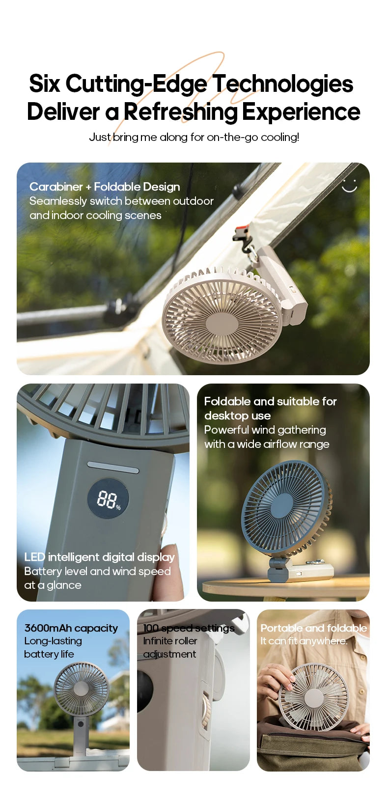 New Portable Folding Handheld Fan 3600mAh Desktop Rechargeable Fan 100-speed Wind Angle Adjustable for Home Outdoor Travel