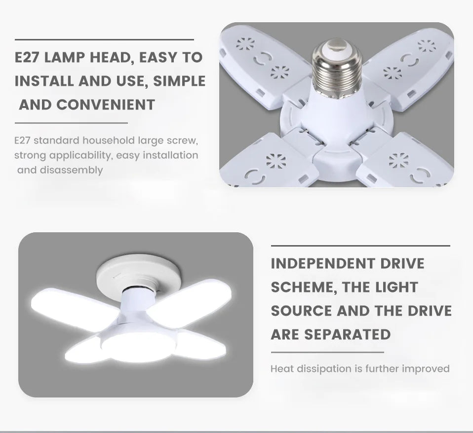 E27 Fan Shape Foldable 40LEDs Bulb AC220V/110V Deformation for Home Ceiling Lights Warehouse and Garage White Light 6500K Bulb