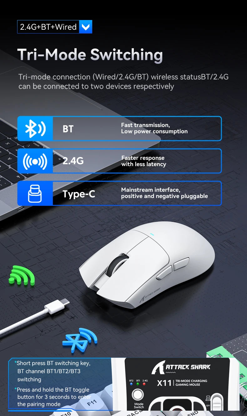 ATTACK SHARK X11 Wireless Gaming Mouse PAW3311 Sensor 22000DPI 3 Modes Wired 2.4G BT 280mAh Rechargeable Mouse