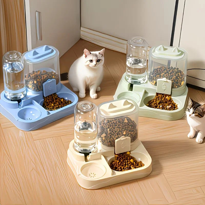 Pet drinking and feeding unit separates dry and wet food made of durable plastic with transparent design without battery for cat
