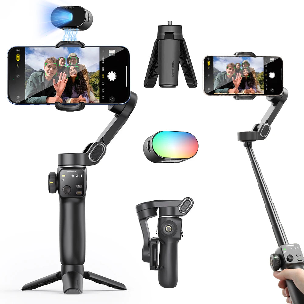 Smart handheld gimbal featuring AI face tracking and tripod combo."