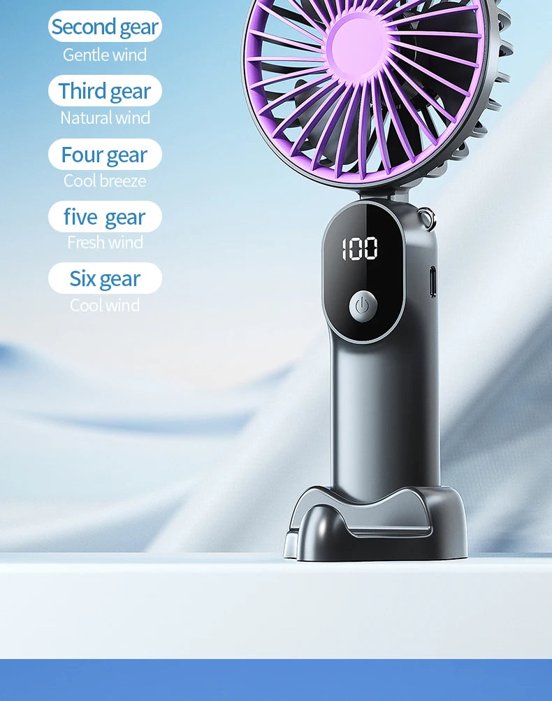 Portable Handheld Fan Mini USB Fan With 6 Speeds and Digital Display Foldable 3-in-1 Handheld Neck and Desktop Fan For Outdoor