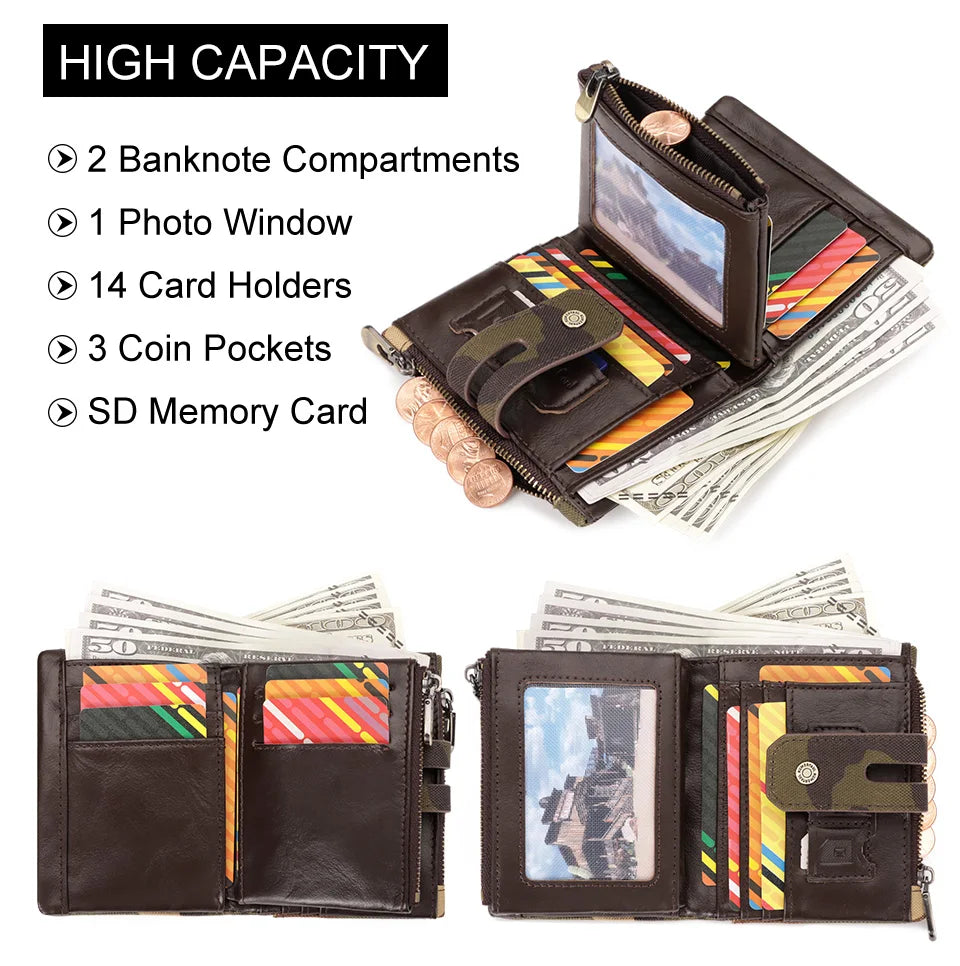 Oxford Wallet for Men RFID Blocking Credit Cards Holder Purse with Zipper Coin PurseClassic Biker Short Chain Portomonee