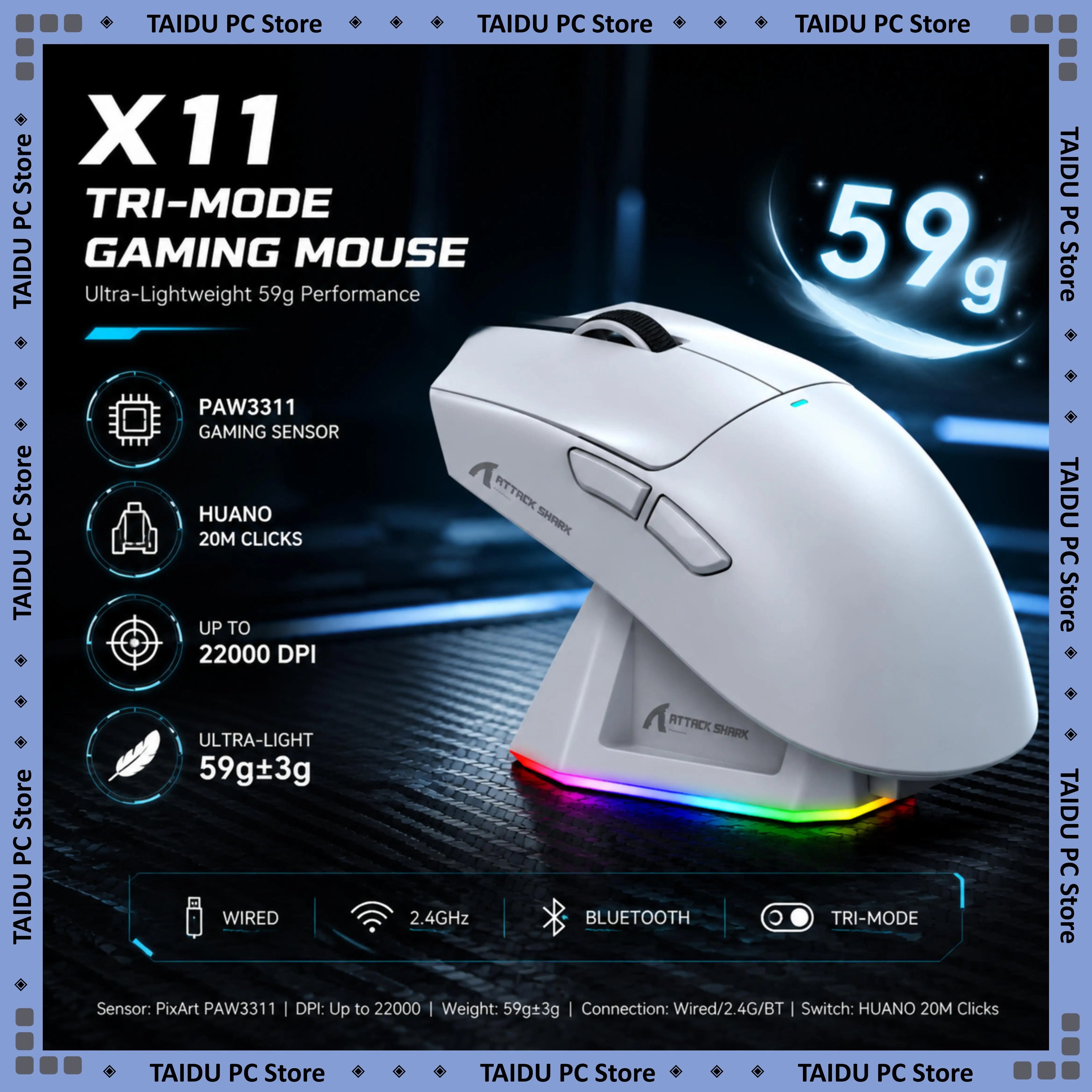 ATTACK SHARK X11 Wireless Gaming Mouse PAW3311 Sensor 22000DPI 3 Modes Wired 2.4G BT 280mAh Rechargeable Mouse