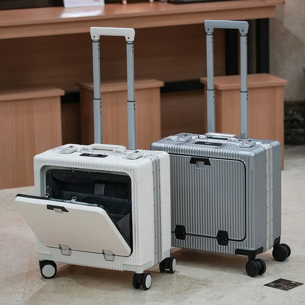 Suitcase Front Opening Pocket Aluminum Alloy Frame Rolling Luggage 18" Carry On Boarding Travel Trolley Bags with Spinner Wheel