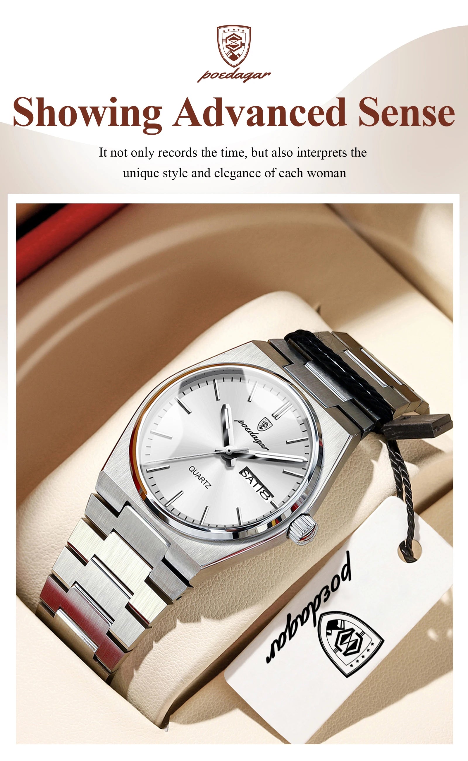 POEDAGAR Exquisite Watches For Women Waterproof Luminous Date Week Ladies Watch Stainless Steel Luxury Woman's Quartz Wristwatch