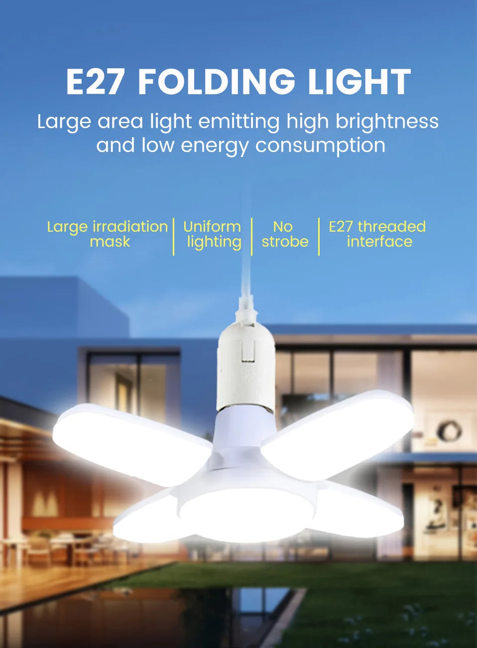 E27 Fan Shape Foldable 40LEDs Bulb AC220V/110V Deformation for Home Ceiling Lights Warehouse and Garage White Light 6500K Bulb