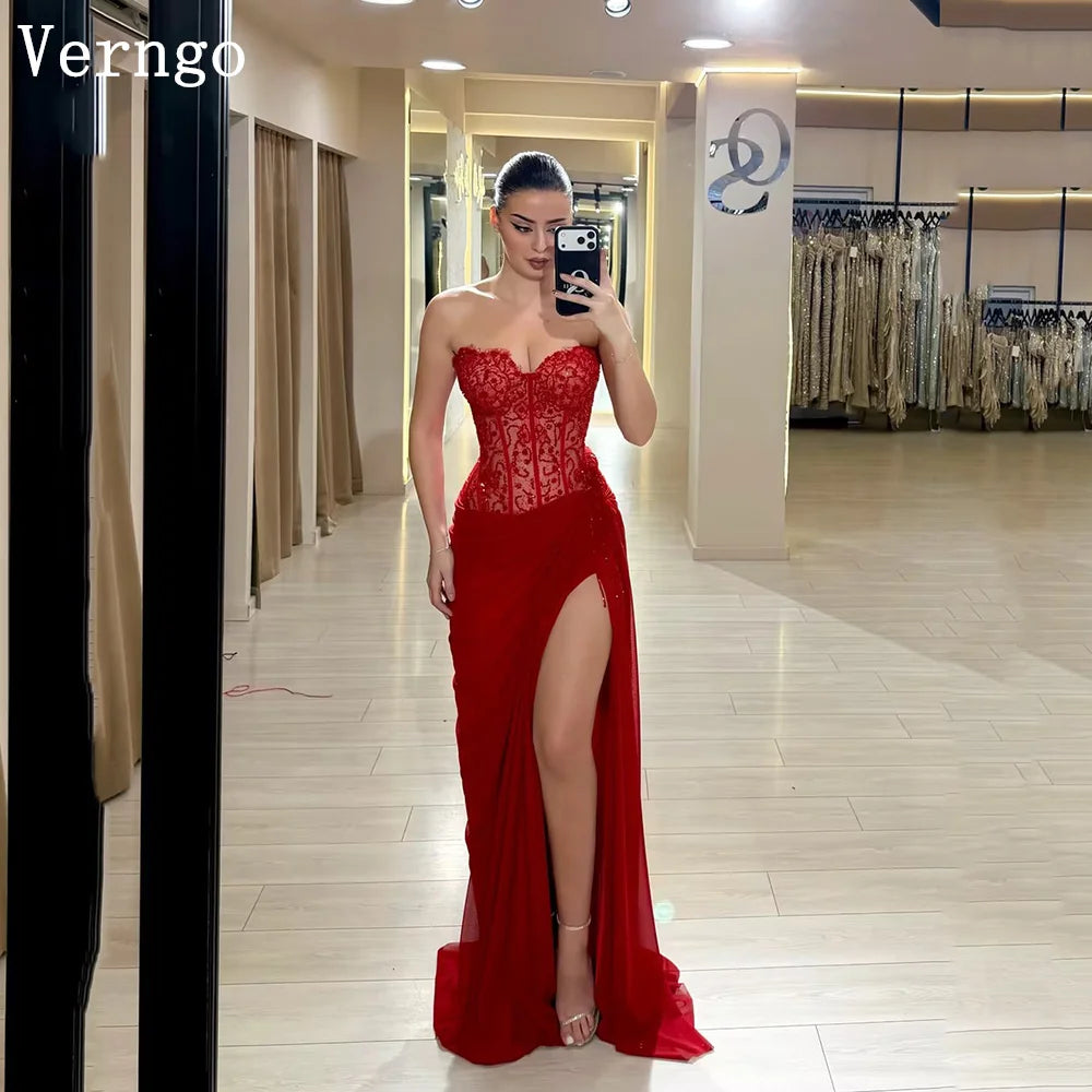 Verngo Red Lace Elegant Prom Dress Sweetheart Floor Length Side Slit Evening Dress Mermaid Fashion Party Gown 2026 Customized