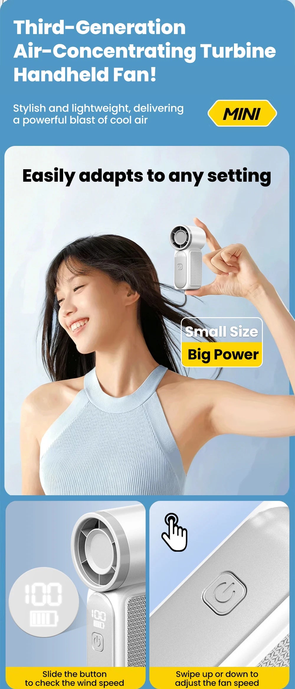 Portable Handheld Mini Fan Maximum Wind Speed 10m/s Folding Desktop 5speed Built in AI Chip Adjustment Fan Type-C Ports Charging