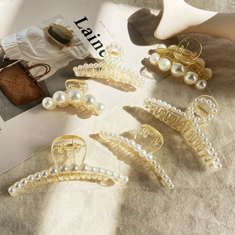 Elegant Imitation Pearl Hairpins Korean Geometric Hair Claws for Women Shark Clip Back Head Hair Clip Barrettes Hair Accessories