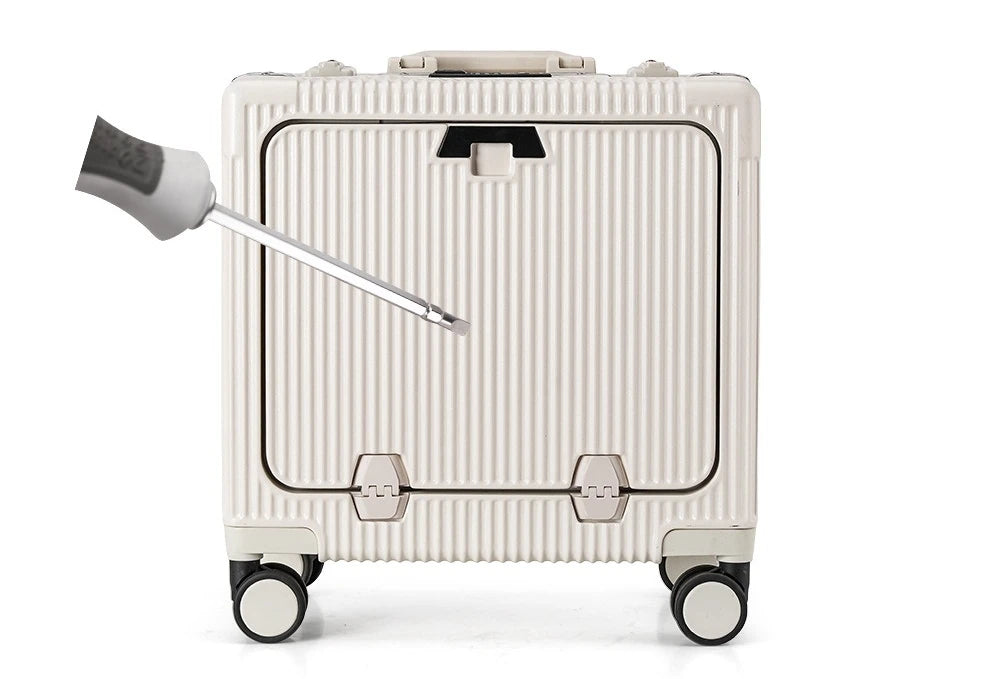 Suitcase Front Opening Pocket Aluminum Alloy Frame Rolling Luggage 18" Carry On Boarding Travel Trolley Bags with Spinner Wheel