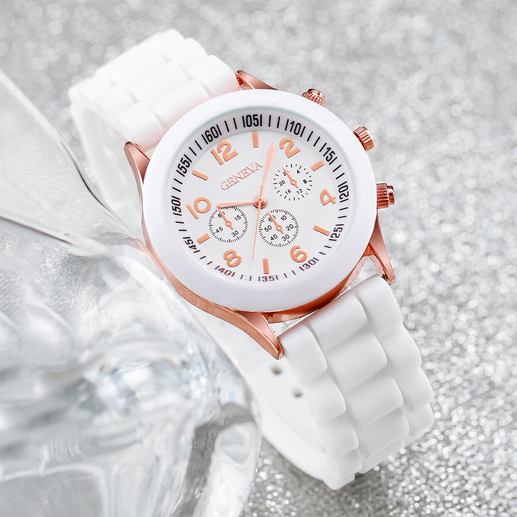 5/6PCS Women Watches Fashion Arabic Dial Silicone Band Quartz Watch Reloj Mujer Girls Clock Gift Jewelry Set（Without Box）