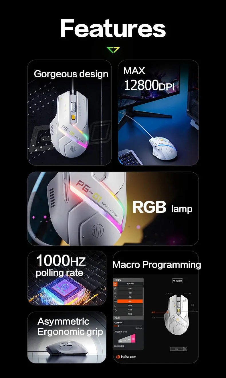 Inphic PG1 PG9 RGB Wired Gaming Mouse Ergonomics 1000Hz Polling Rate Stable Connection For Desktop And Laptop Computers
