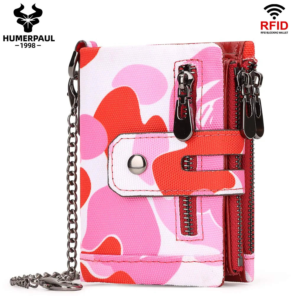 Oxford Wallet for Men RFID Blocking Credit Cards Holder Purse with Zipper Coin PurseClassic Biker Short Chain Portomonee