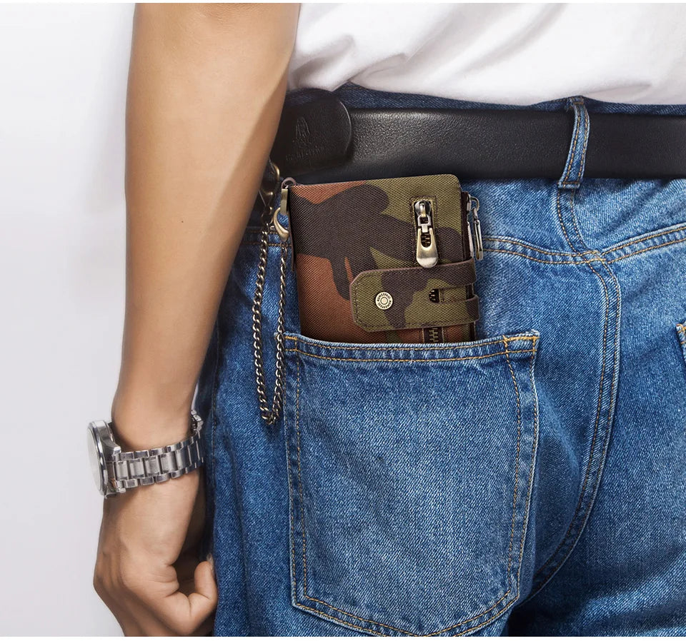 Oxford Wallet for Men RFID Blocking Credit Cards Holder Purse with Zipper Coin PurseClassic Biker Short Chain Portomonee