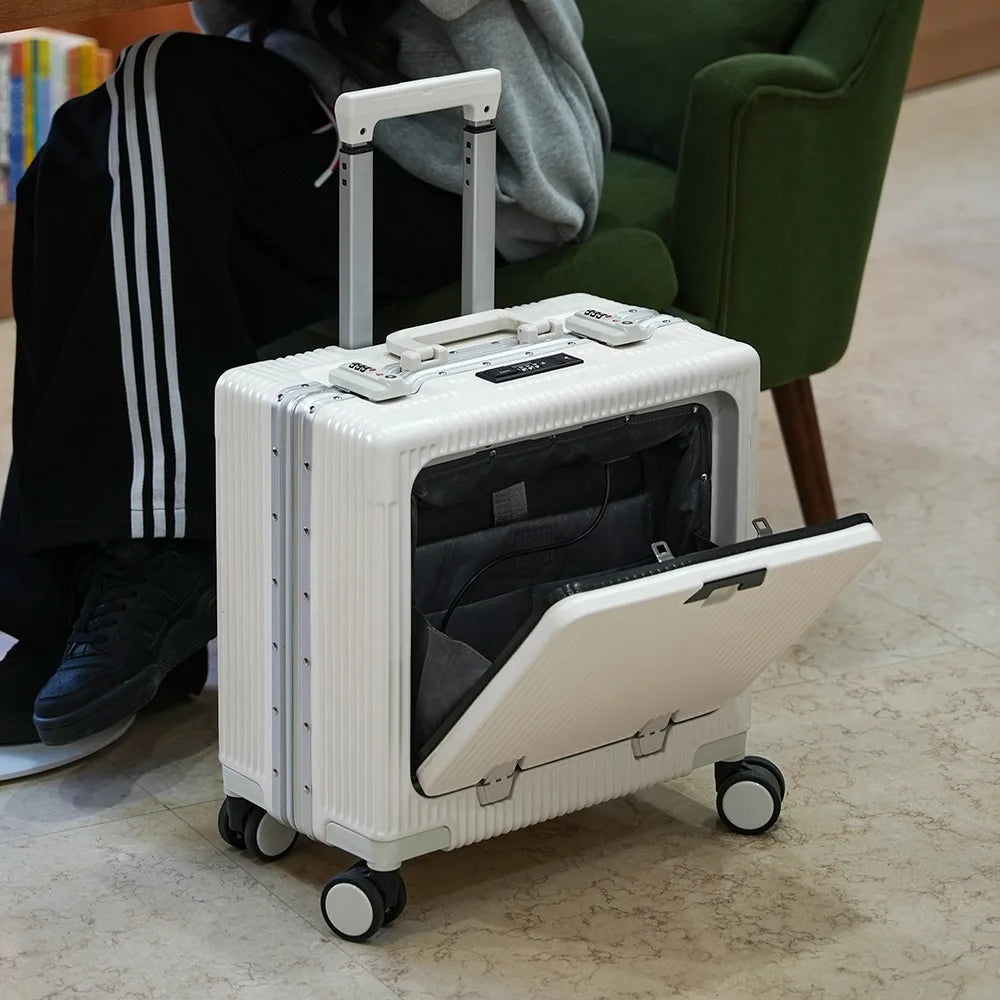 Suitcase Front Opening Pocket Aluminum Alloy Frame Rolling Luggage 18" Carry On Boarding Travel Trolley Bags with Spinner Wheel