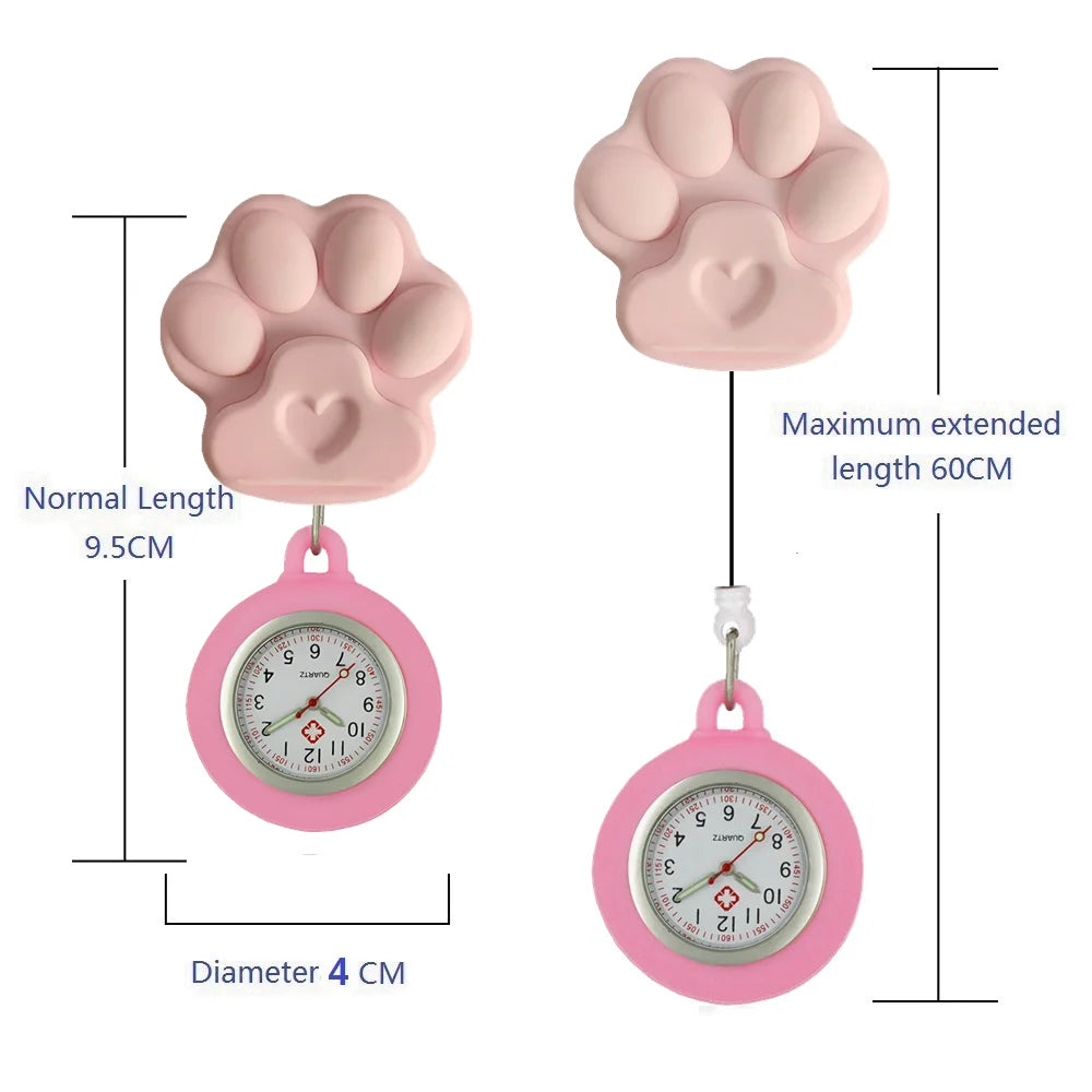 Colourful Retractable Badge Reel Nurse Doctor Lovely Cat Claw Footprints Pocket Watches medical hospital Gift Watch for women