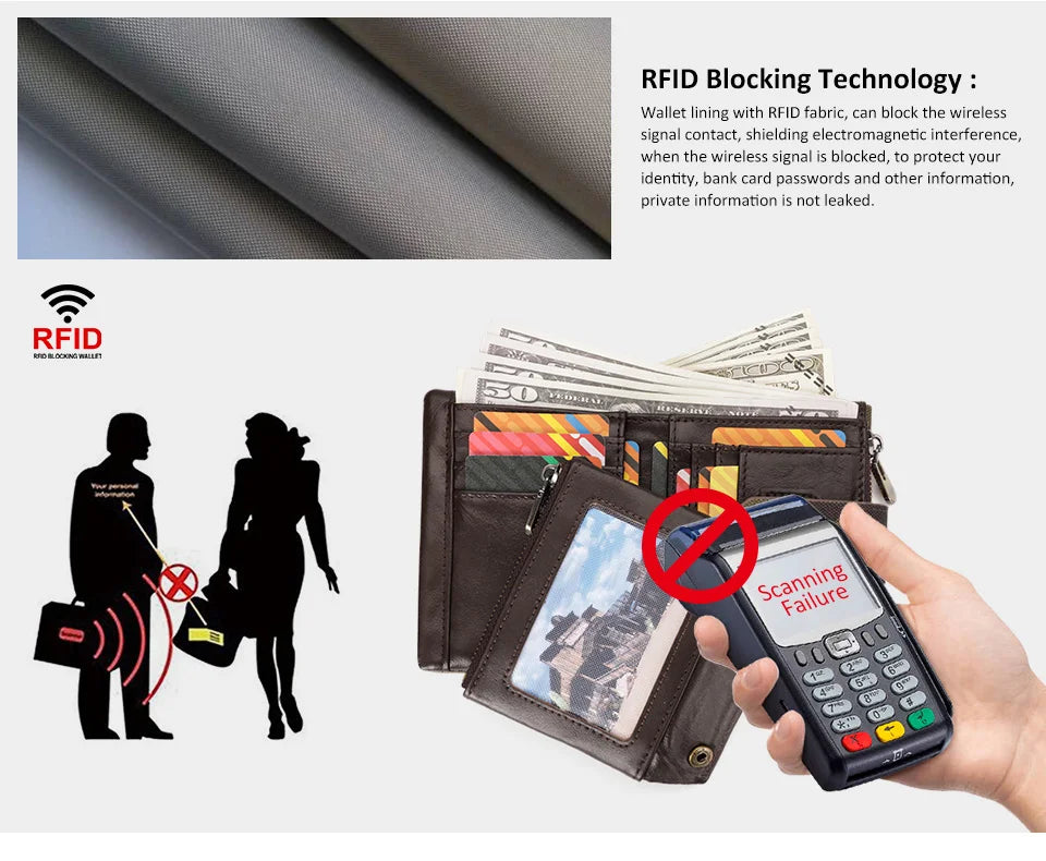 Oxford Wallet for Men RFID Blocking Credit Cards Holder Purse with Zipper Coin PurseClassic Biker Short Chain Portomonee