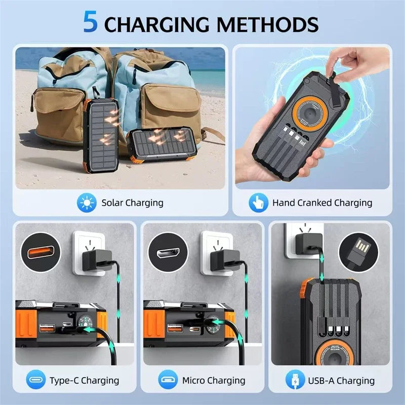 Hand Crank Solar Power Bank 20000mAh Magnetic Wireless 22.5W Fast Charging External Battery for Magsafe iPhone 17 iWatch Charger