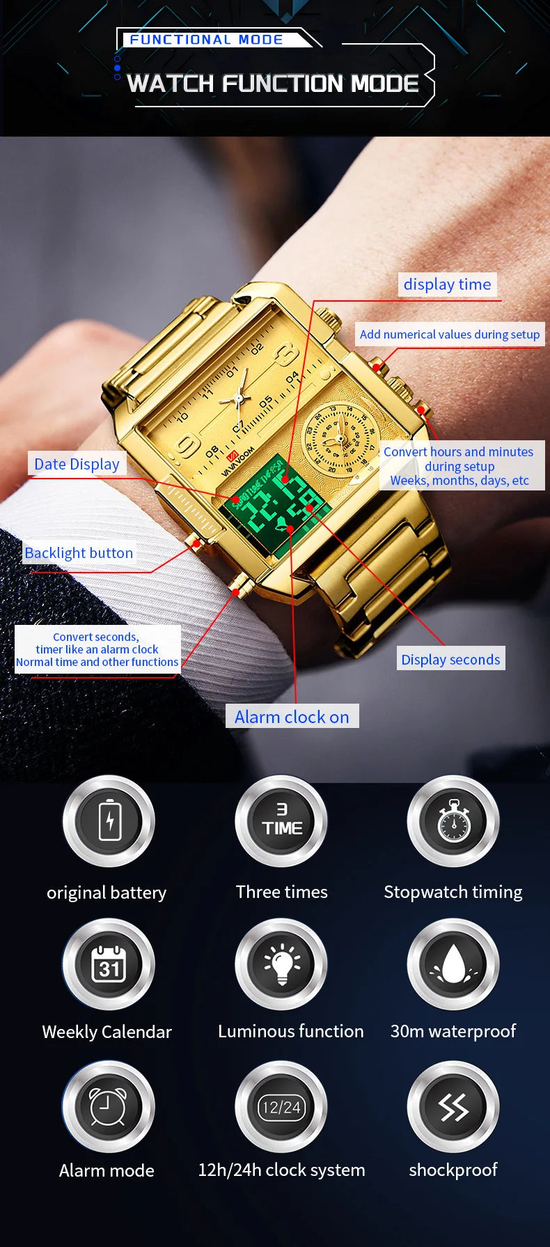 Dual Display Men Sports Watches For Male Clock Gold Black Men Digital Wrist Watches Top Brand Luxury Chronograph Quartz Watch
