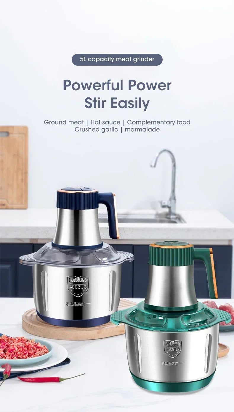5L EU Electric Food Grinder Multifunctional Vegetable Chopper Blender Large Capacity Meat Mincer for Household Cooking