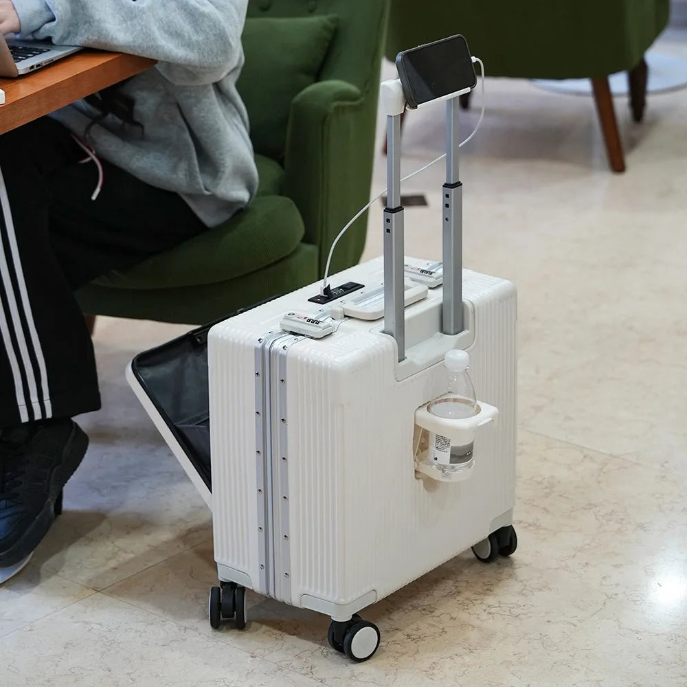 Suitcase Front Opening Pocket Aluminum Alloy Frame Rolling Luggage 18" Carry On Boarding Travel Trolley Bags with Spinner Wheel
