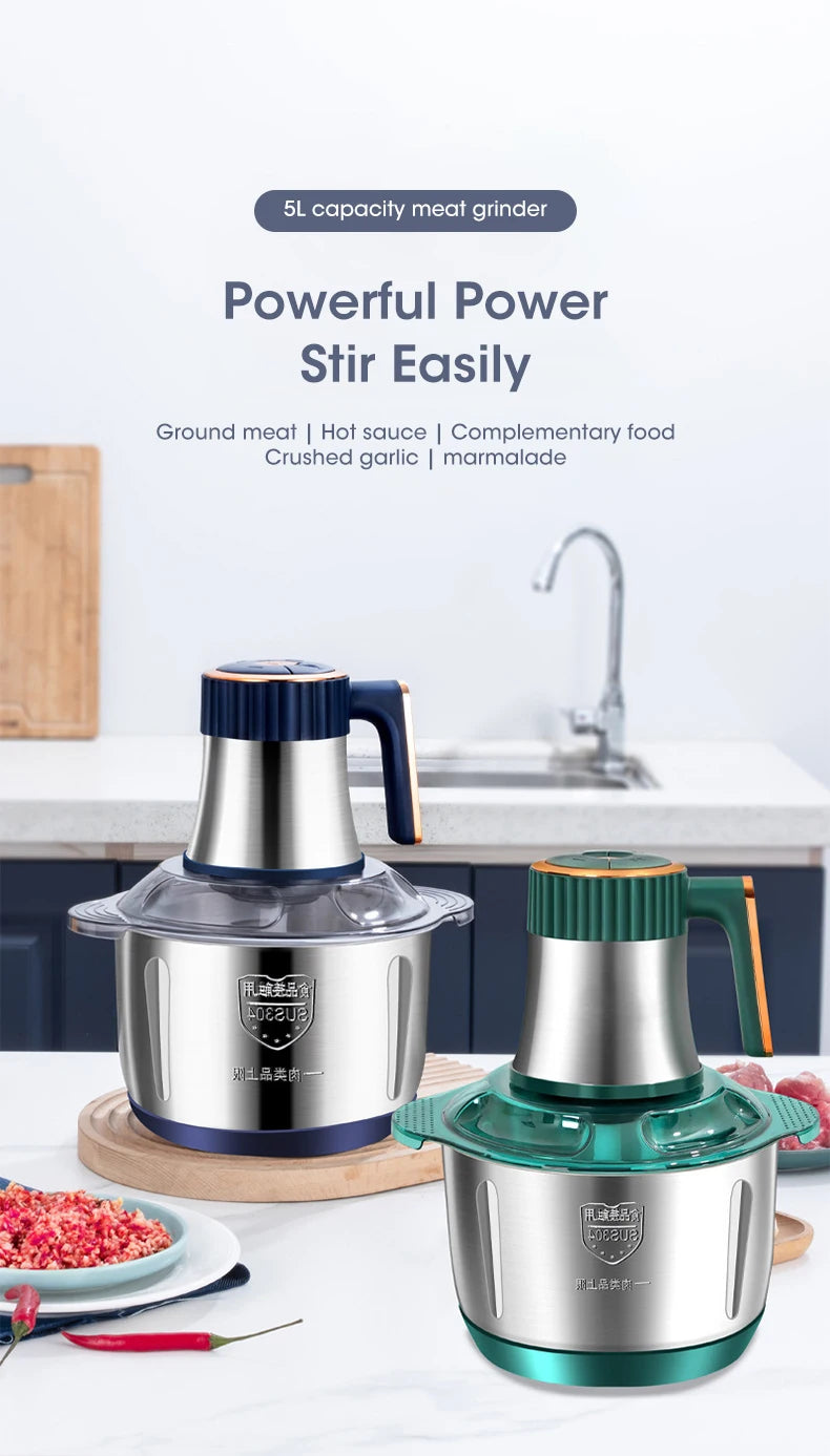 High-capacity electric food grinder for professional household cooking.