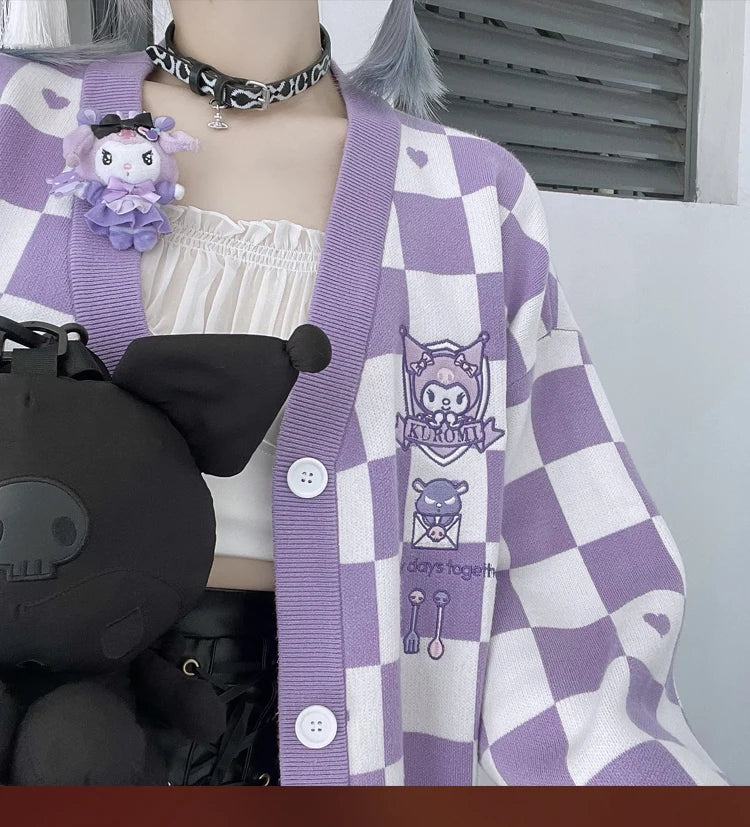 Anime Sanrioed Pompompurin Girls Cardigan Sweater Kawaii Kuromi Cinnamoroll Spring Autumn Knit Coat Loose Sweet Embroidery Tops
