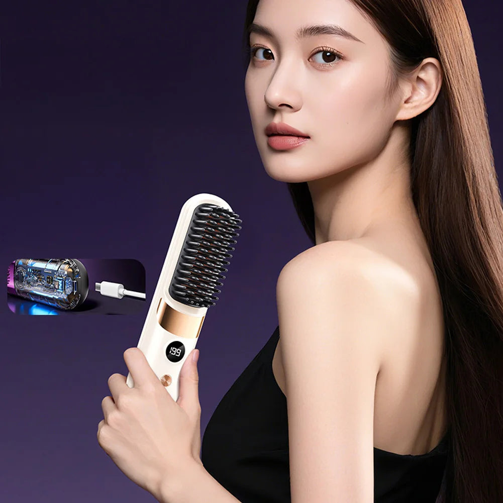 Hair Straightener Brush with LCD Display Cordless USB Charging Straightener Portable Mini Straightening Brush for Home Travel