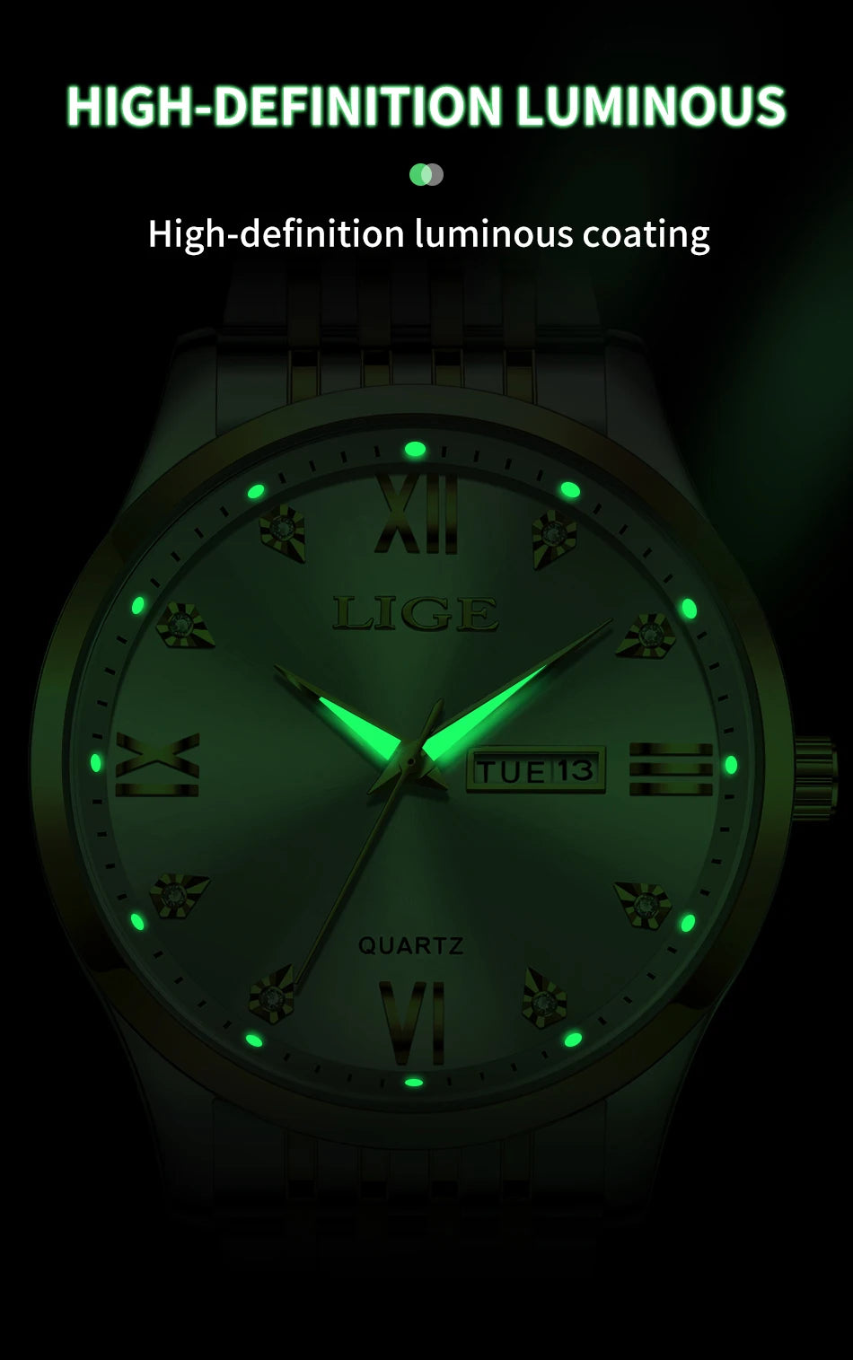 LIGE Fashion Retro Diamond Dial Casual Watches Round Stainless Steel Waterproof Luminous Clock Quartz Wristwatch for Women Gift