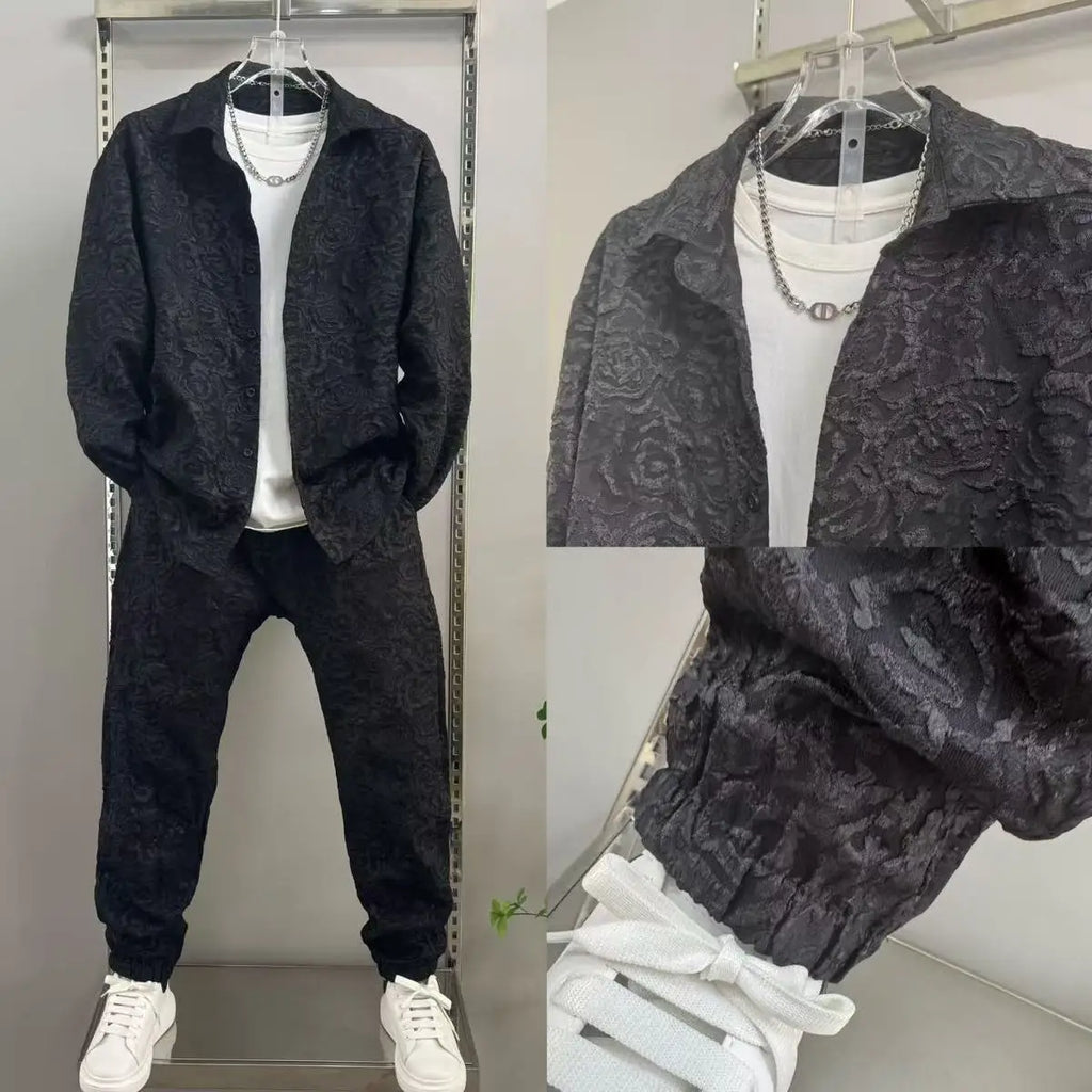2025 New Men's casual fashion two-piece pants set, sporty lapel jacquard shirt, long-sleeved spring and autumn set