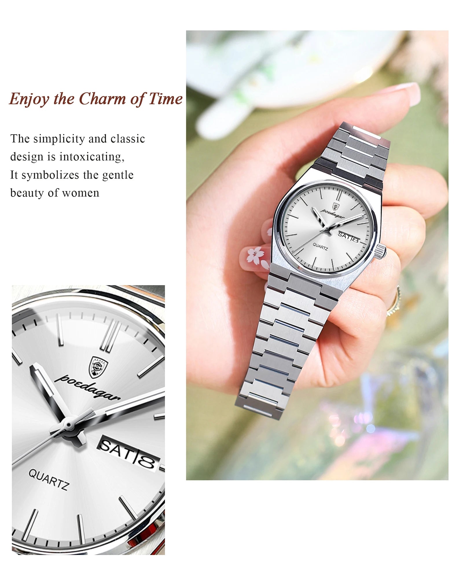 POEDAGAR Exquisite Watches For Women Waterproof Luminous Date Week Ladies Watch Stainless Steel Luxury Woman's Quartz Wristwatch