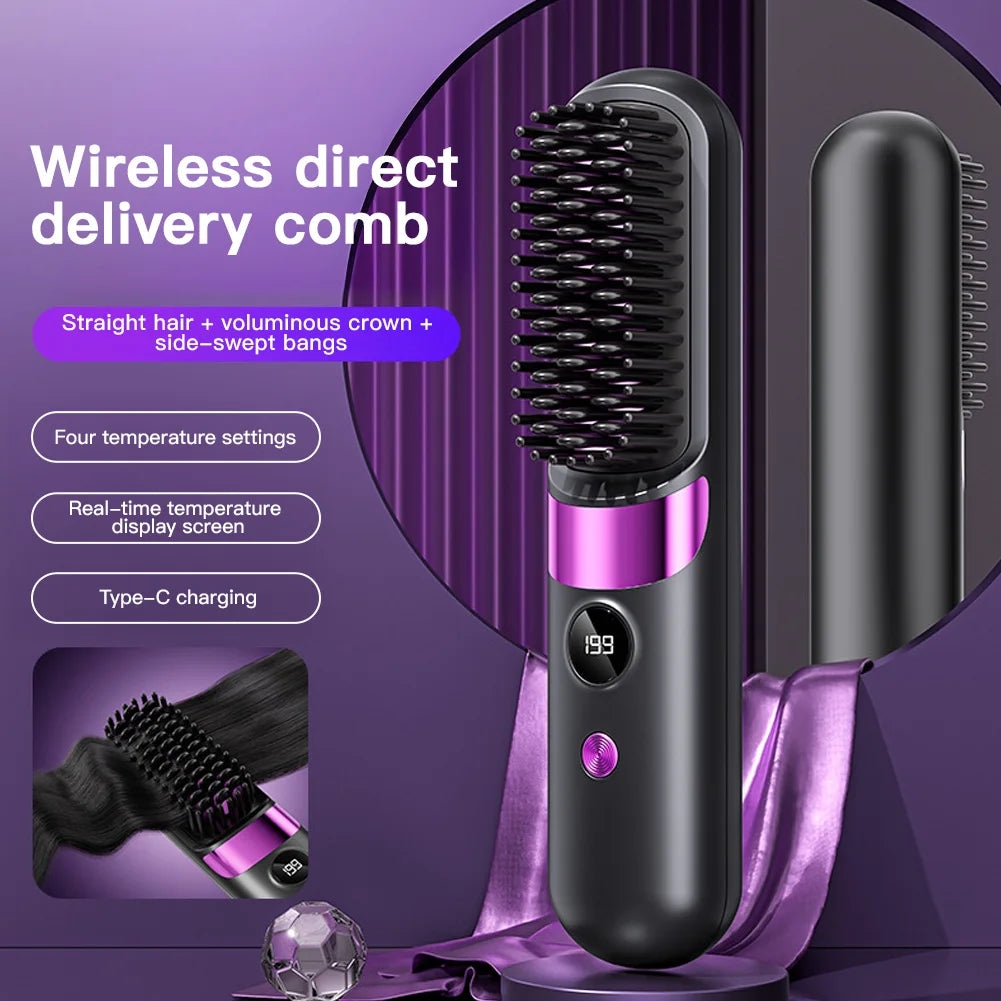 Hair Straightener Brush with LCD Display Cordless USB Charging Straightener Portable Mini Straightening Brush for Home Travel