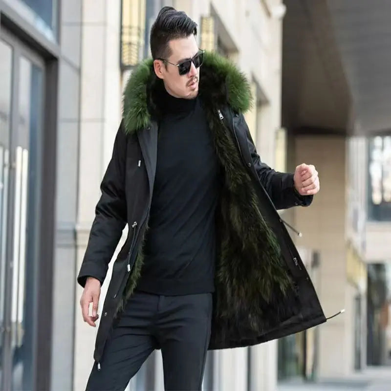 Winter Men Parka Warm Coat Men Wool Liner Jacket Long Hooded Jacket High Quality Raccoon Fur Collar