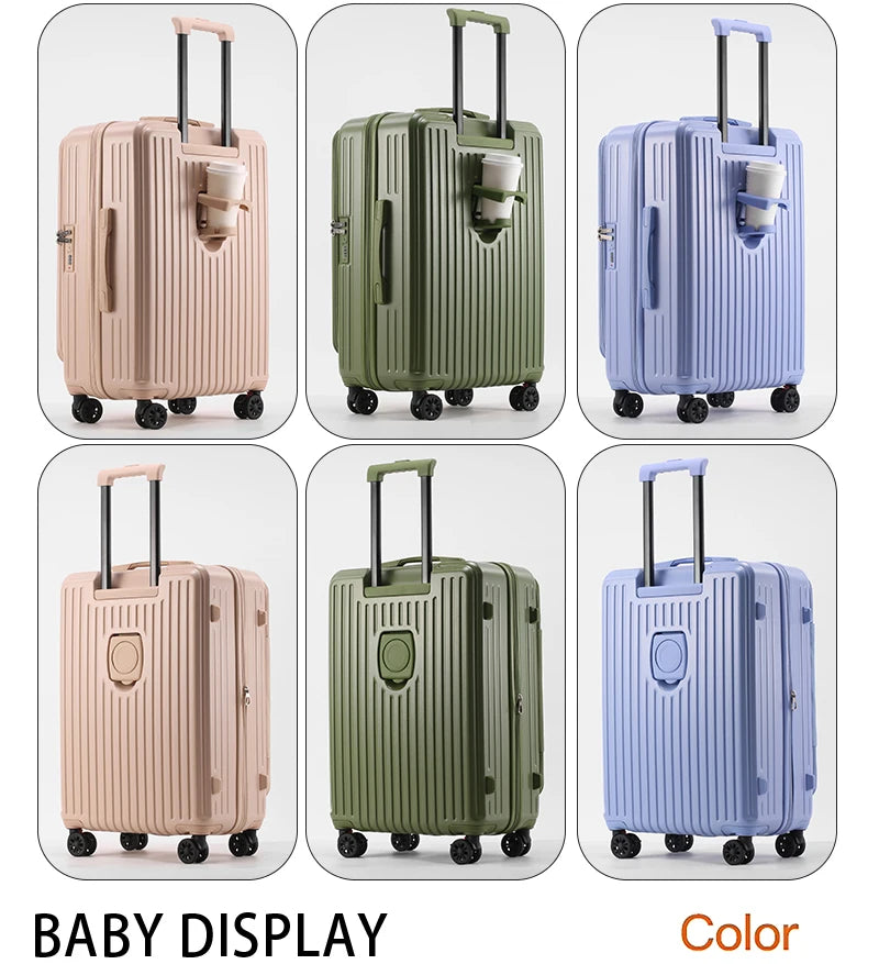 Multifunctional Front Opening Expandable Suitcase with Cup Holder Large Capacity Luggage 360° Shock Absorbing Wheels 20' 24' 28'