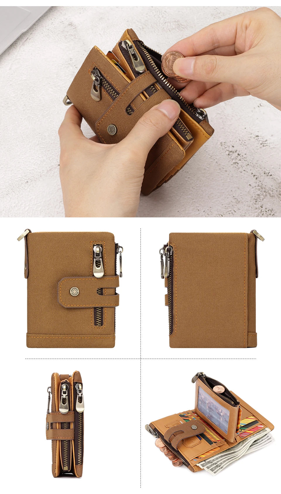 Oxford Wallet for Men RFID Blocking Credit Cards Holder Purse with Zipper Coin PurseClassic Biker Short Chain Portomonee