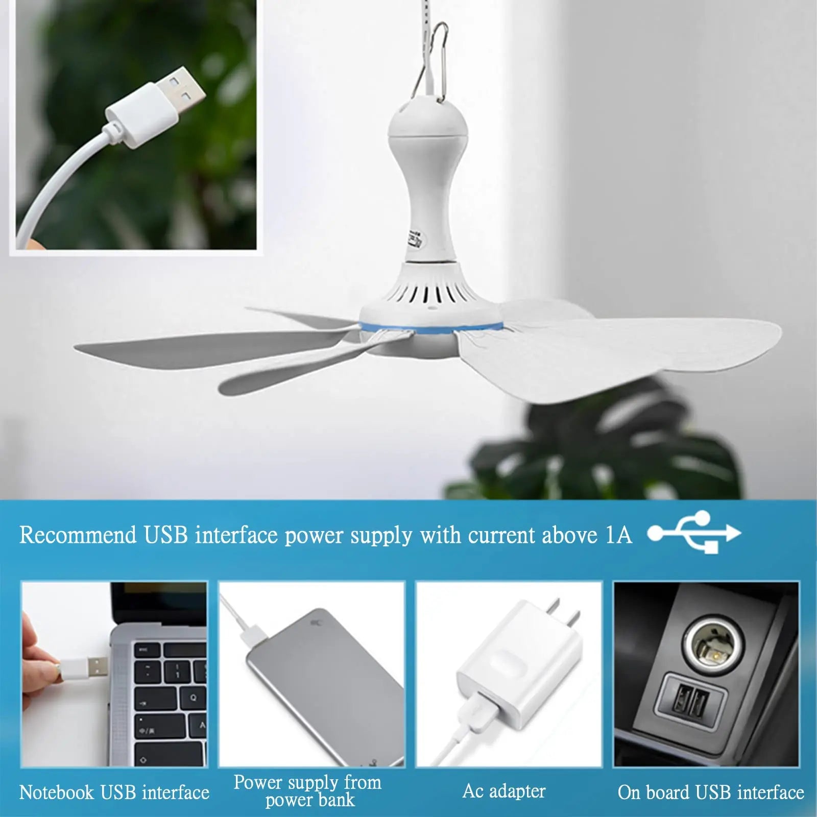 XIAOTREE USB Ceiling Fan DC 5V Air Circulator Fan 6 Detachable Blades Portable Hanging Ceiling Fans Camping Fan for RV & Home
