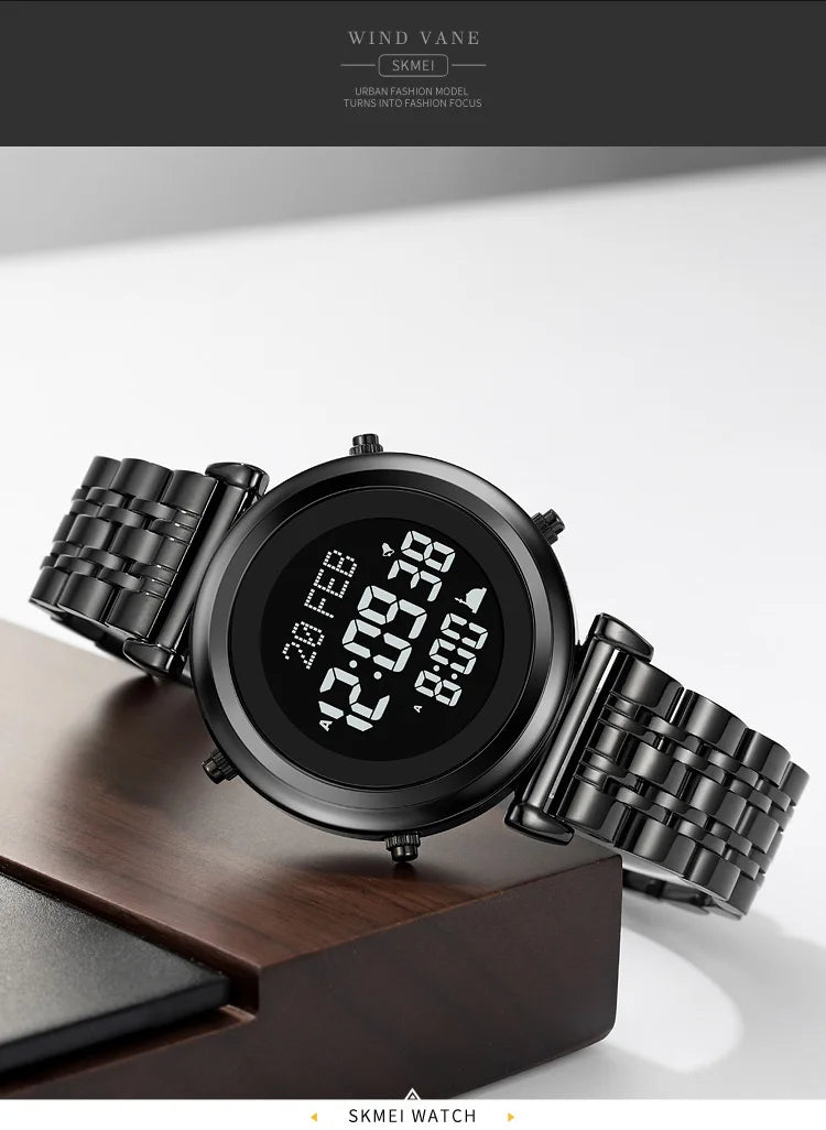 SKMEI 2139 Digital Watch Steel Muslim Azan Mens Back Light Waterproof Hijri Islamic Wristwatch Prayer Qibla Compass Alarm Clock