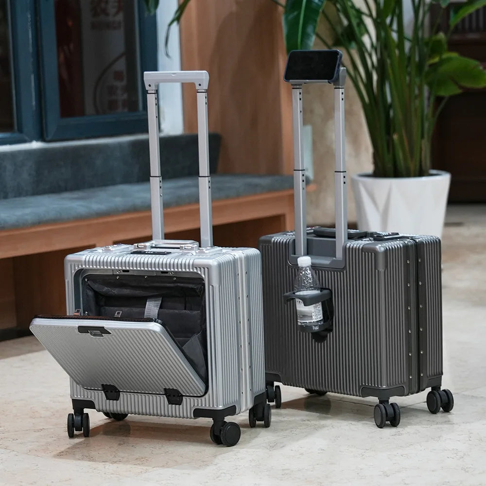 Suitcase Front Opening Pocket Aluminum Alloy Frame Rolling Luggage 18" Carry On Boarding Travel Trolley Bags with Spinner Wheel