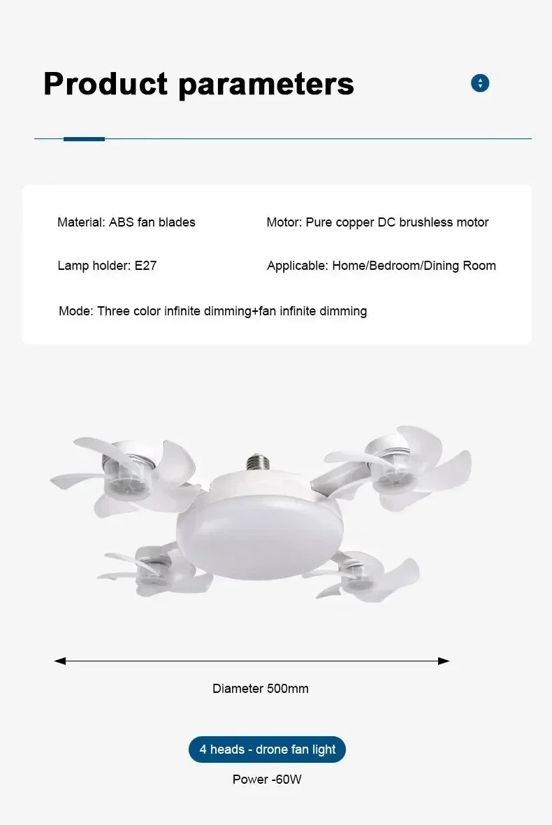 Remote Control Dimmable LED Fan Light E27 Ceiling Fan with Light 3Color Eye Protection Strobe Free Bedroom Kitchen Garage Office