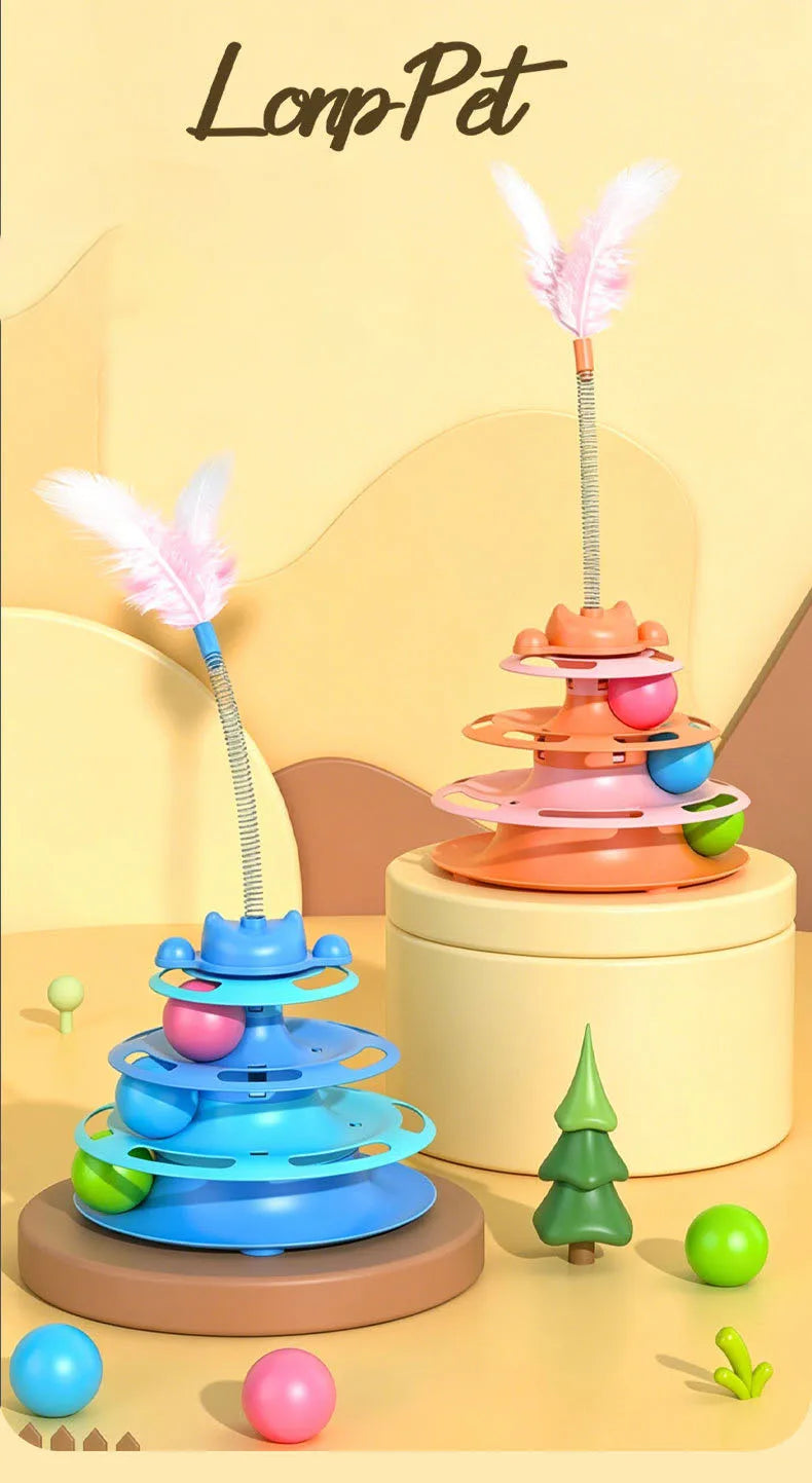 Interactive Cat Turntable Toy Feather Wand Rolling Ball Self Play Kitten Boredom Relief Indoor Pet Playing Accessory