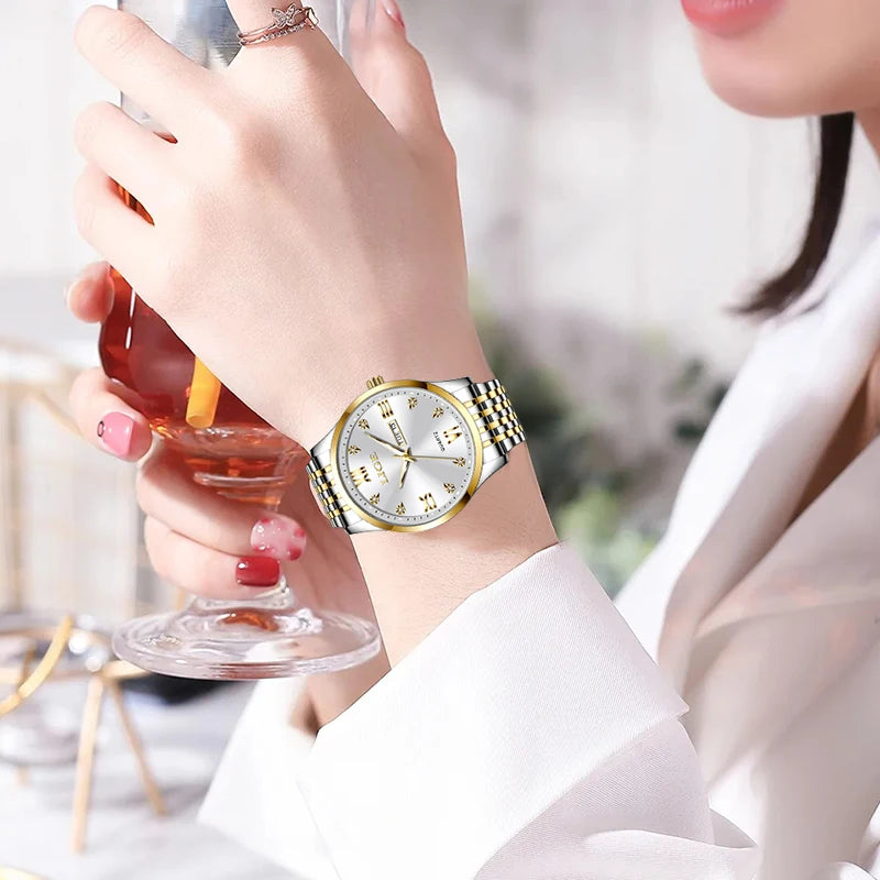 LIGE Fashion Retro Diamond Dial Casual Watches Round Stainless Steel Waterproof Luminous Clock Quartz Wristwatch for Women Gift